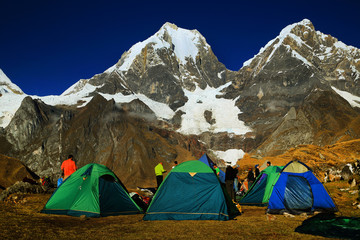 Camping in Cordiliera Huayhuash, Laguna Carhuacocha, Peru, South America