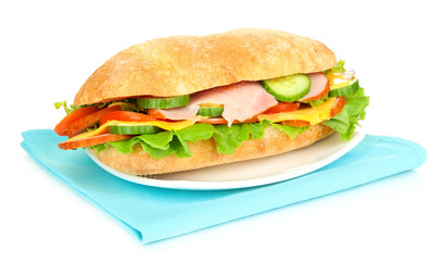 Fresh and tasty sandwich with ham and vegetables isolated