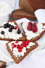 Bread with cottage cheese and berries on plate close-up