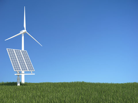Green grass with sollar panel and wind generator