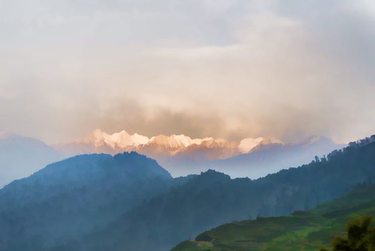 Snow range mountains at spring Himalayas painting