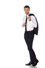 Business man in black suite on white background