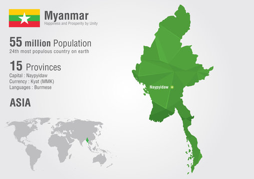 Myanmar world map with a pixel diamond texture. Burma map.