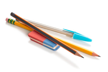 Pencils and eraser. Isolated on white background.