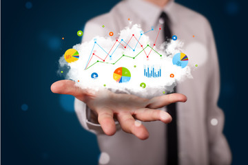 Young businessman presenting cloud with charts and graph icons a