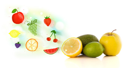 Colorful fruits with hand drawn illustrated fruits
