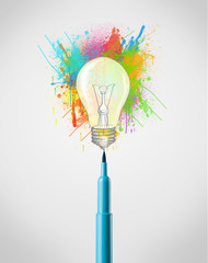 Felt pen close-up with colored paint splashes and lightbulb