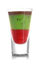 Glass of kiwi fruit and raspberry smoothies isolated on white