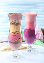 Delicious smoothie on table, close-up