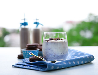 Milk cocktails in glasses and chocolate cookies
