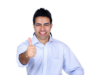 Smiling man showing thumb up sign, isolated on white background