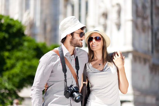 Young tourists in a city