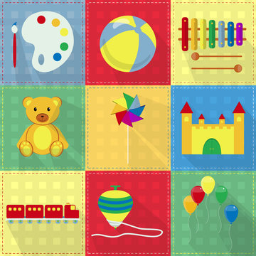 Nine colorful toy icons