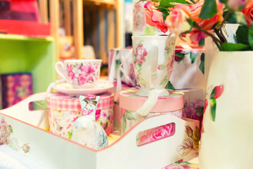 Fototapeta na wymiar Vintage porcelain tea set on the table