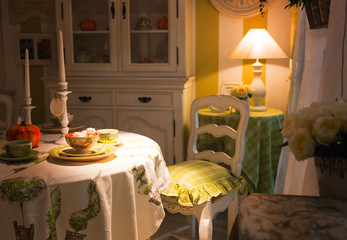 View of kitchen in lamp lights