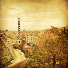 View of Barcelona from Park Guell in grunge and retro style.