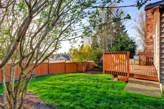 Cozy small backyard with wooden walkout deck