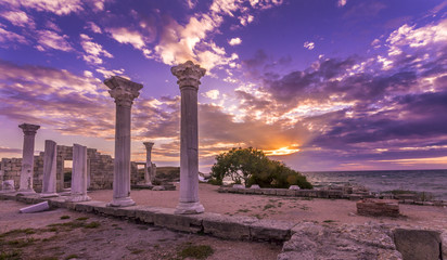 ancient columns at sunset