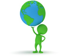 3d green man stand with earth planet globe