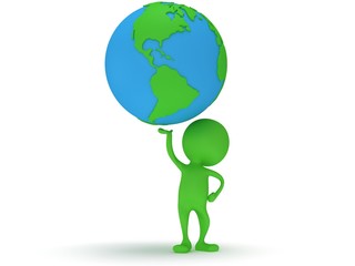 3d green man stand with earth planet globe
