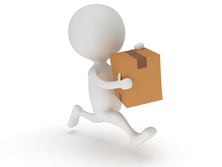 3d man icon running with a box in his hand