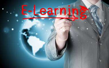 business man writing e-learning concept