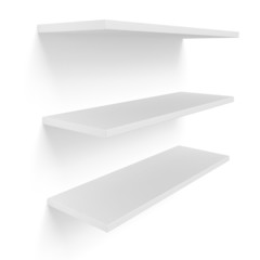 3D three empty blank shelves on white