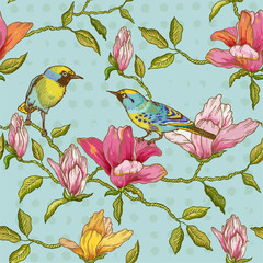 Obraz premium Vintage Seamless Background - Flowers and Birds