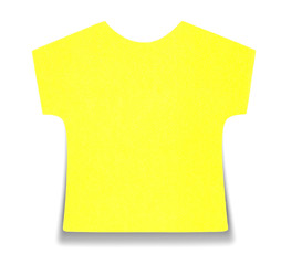 Flat yellow T-shirt sticky note, isolated, with shadow on bottom