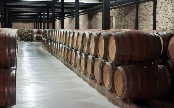 wooden barrels in winery