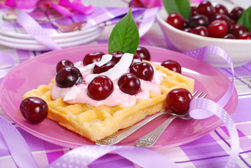 waffles with yogurt with fresh cherries