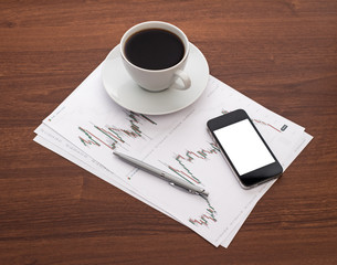 Wooden tablets with mobile and coffee