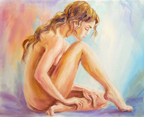 Beautiful woman at the morning. Oil painting.