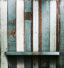Wooden shelves, grunge industrial interior Uneven diffuse lighti