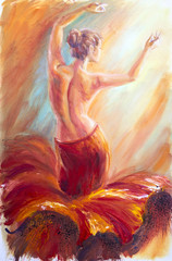 Beautiful dancing woman in red. Oil painting.