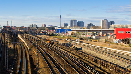 Fototapeta na wymiar Cityscape with railroads in Berlin, Germany