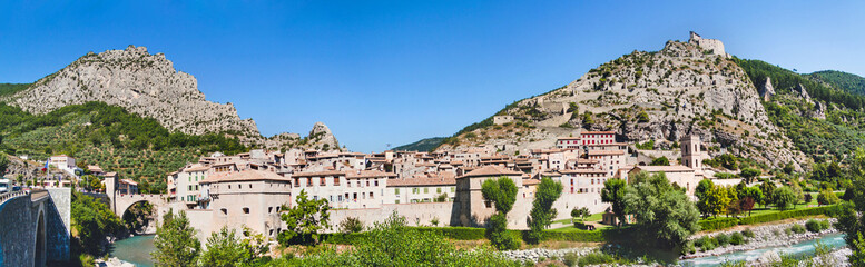 Fototapeta na wymiar Panoramic view on town Entrevaux, France. Mountains and fortific