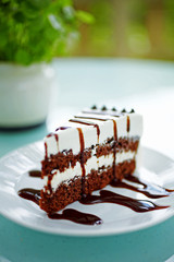 close up cake and chocolate cream in white dish