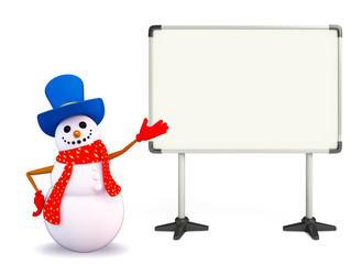 Snowman character with display board