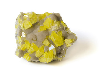 Yellow sulphur on aragonite from Sicily. 14cm across.