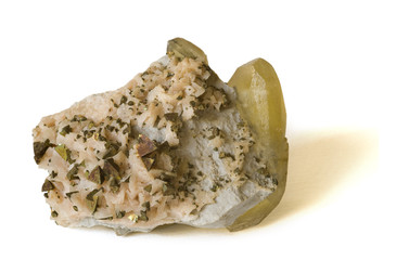 Chalcopyrite on dolomite with large calcite crystal. 10cm across