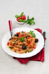 fusilli with tomato olives and oregano