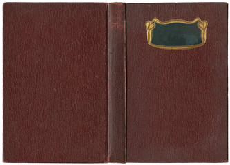 Old open book cover in brown canvas with ornamental golden frame - circa 1904 - art nouveau