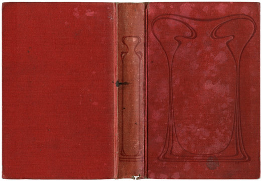 Old open book cover, worn red canvas - circa 1909 - with ornaments in art nouveau style