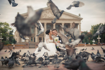 Happy bride and groom kissing between pigeons