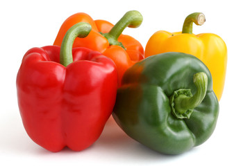 Red, yellow, orange, green peppers on white.