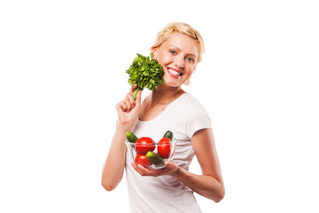 Happy smiling woman with vegetables. on a diet