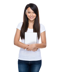 Asian young woman holding tablet isolated