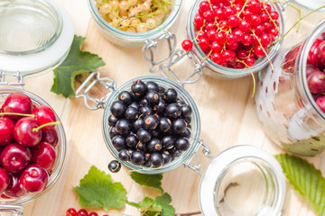 black red white currants gooseberries cherries jars preparations