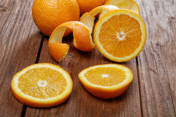 Group of oranges on a wooden table